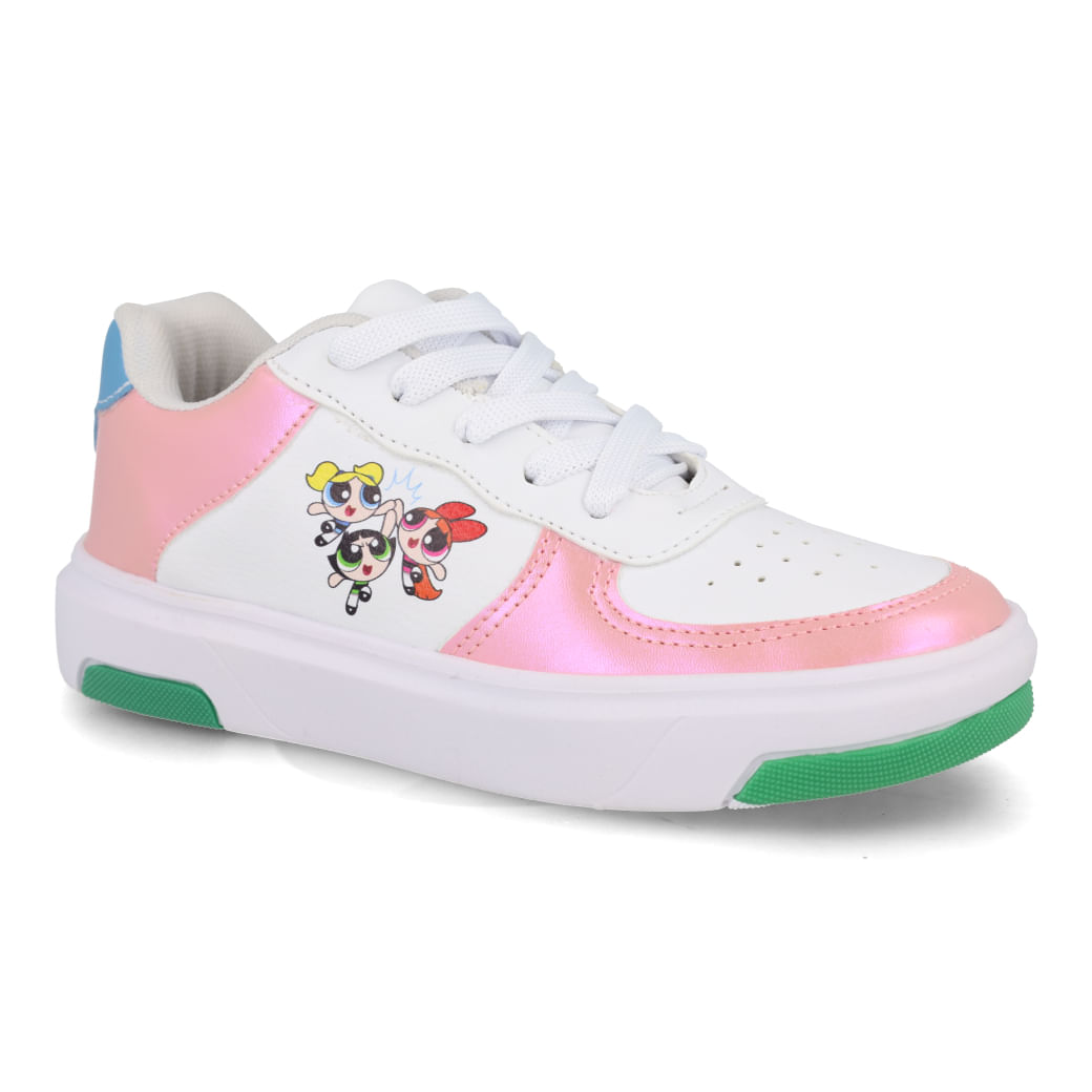 Tênis infantil feminino Warner branco com detalhes em rosa e azul destacando conforto e segurança